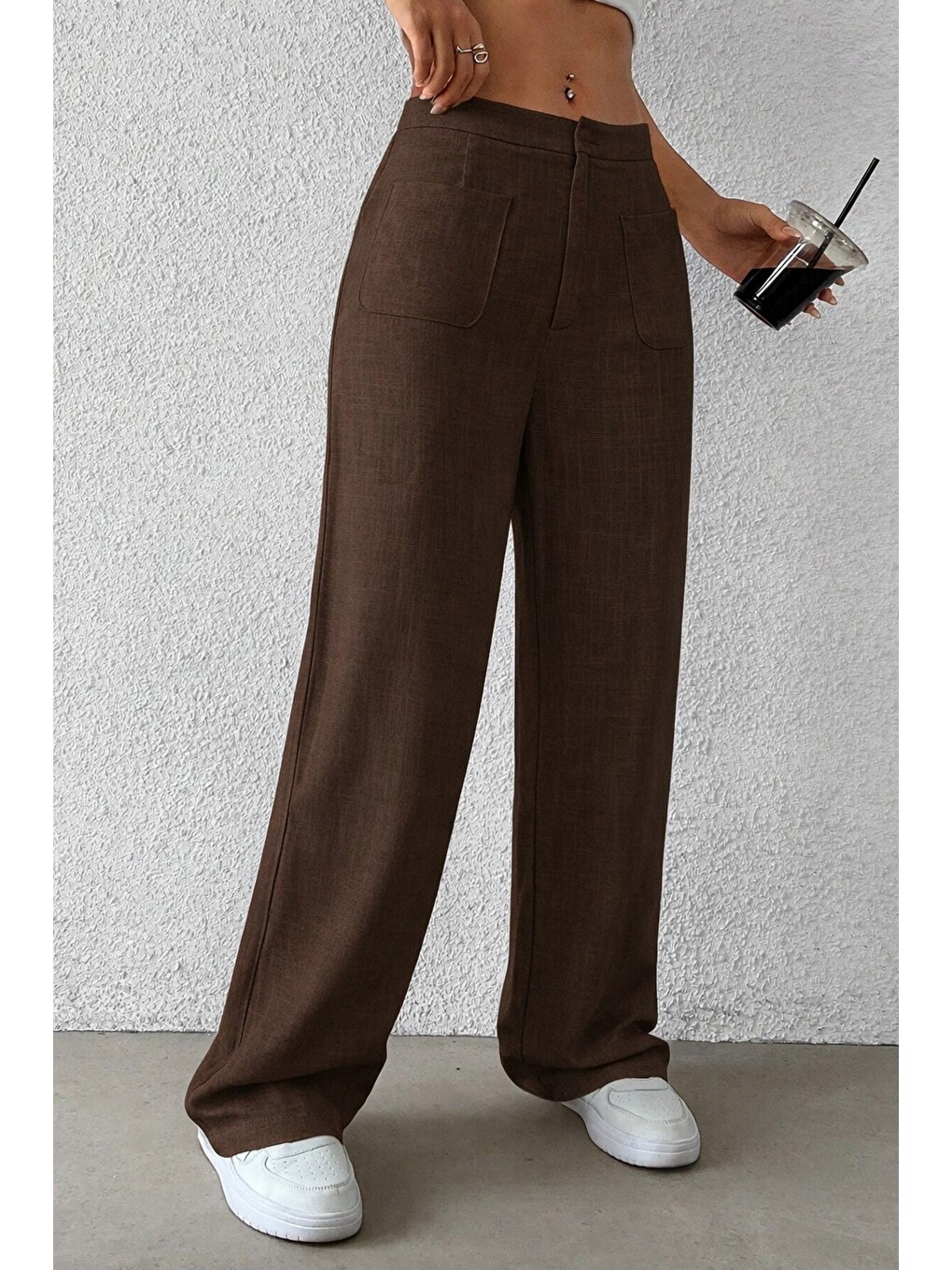 Kahverengi Kadın Wide Leg Pantolon Ön Cep Detaylı Rahat Kalıp Günlük Pantolon-3