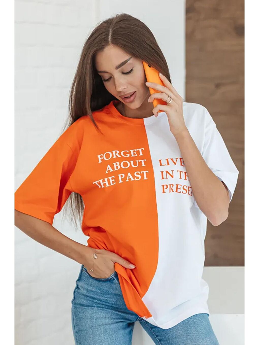 uyguntarz Turuncu Unisex Forget Live Baskılı Oversize Tshirt