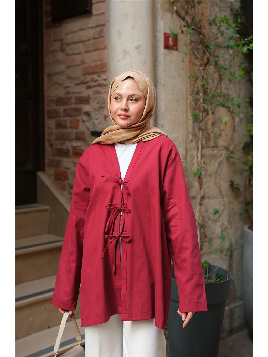 Locco Moda Kadın Önü Bağlamalı Oversize Kimono Bordo - 1