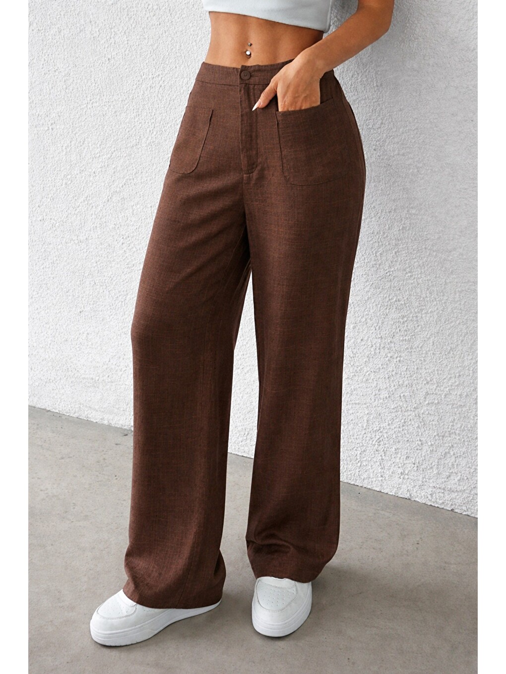 Kahverengi Kadın Wide Leg Pantolon Ön Cep Detaylı Rahat Kalıp Günlük Pantolon-5
