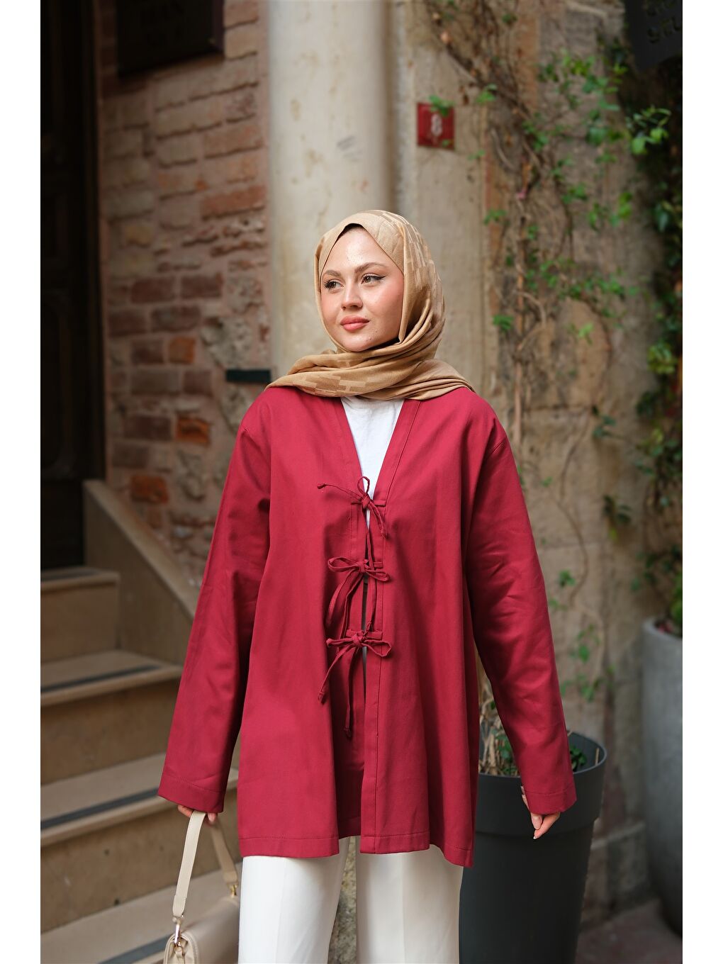 Locco Moda Kadın Önü Bağlamalı Oversize Kimono Bordo - 2