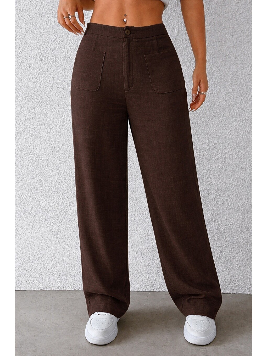 Kahverengi Kadın Wide Leg Pantolon Ön Cep Detaylı Rahat Kalıp Günlük Pantolon-6