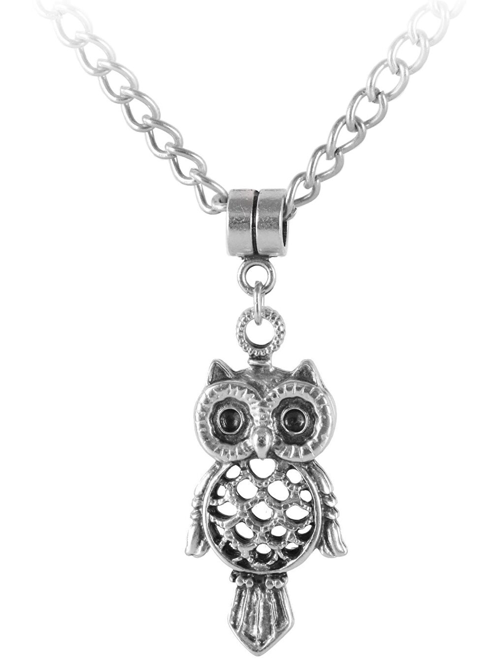 Gri Erkek Antik Gümüş Kaplama Baykuş Simge Uçlu Kolye-1