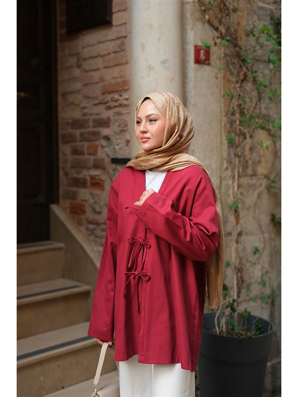 Locco Moda Kadın Önü Bağlamalı Oversize Kimono Bordo - 3