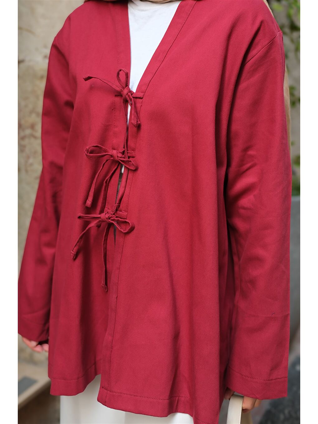 Locco Moda Kadın Önü Bağlamalı Oversize Kimono Bordo - 4