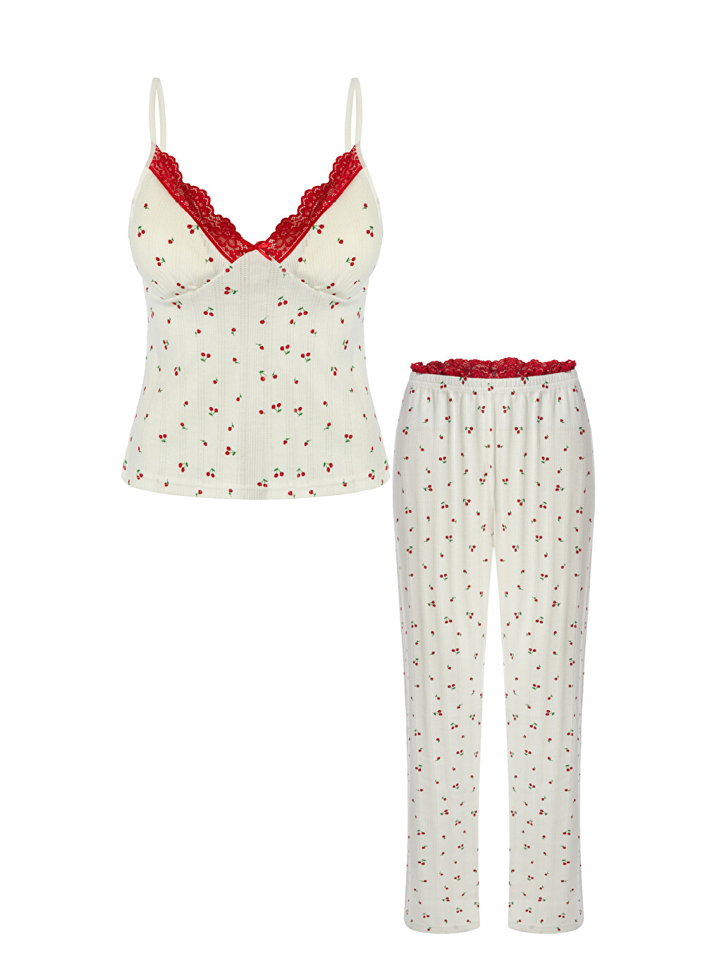 Kırmızı Kadın Pamuklu Kaplı Askılı Dantelli Pijama Takımı-1