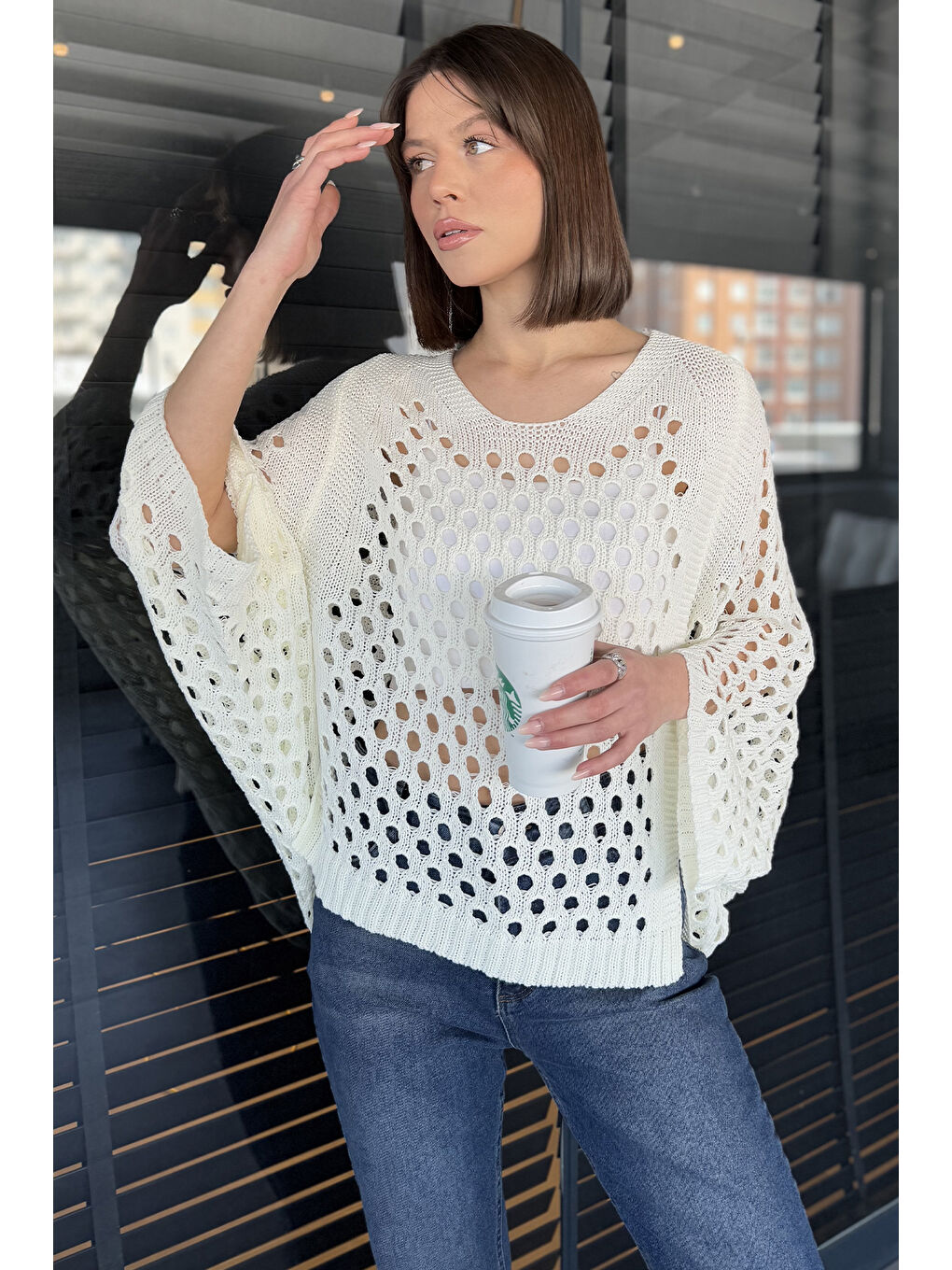 Ekru Ajurlu Kadın Triko Bluz