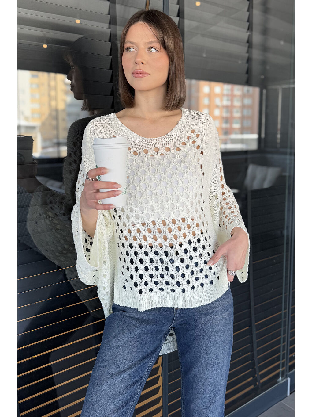 Ekru Ajurlu Kadın Triko Bluz-1