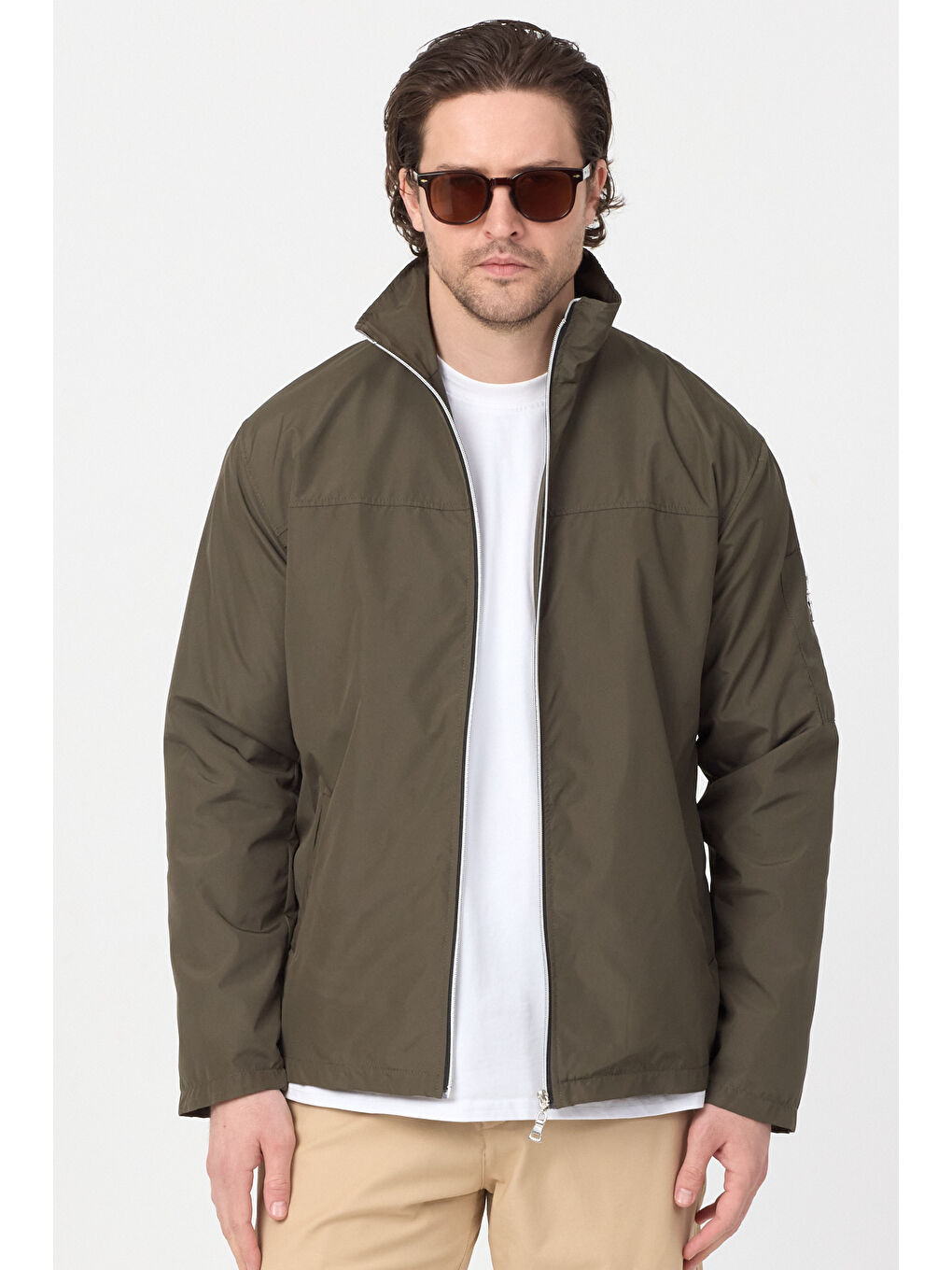 Erkek Haki Su Geçirmez Baharlık Kol Fermuar Detaylı Ceket