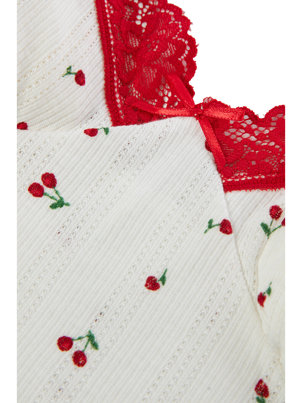 Kırmızı Kadın Pamuklu Kaplı Askılı Dantelli Pijama Takımı-4