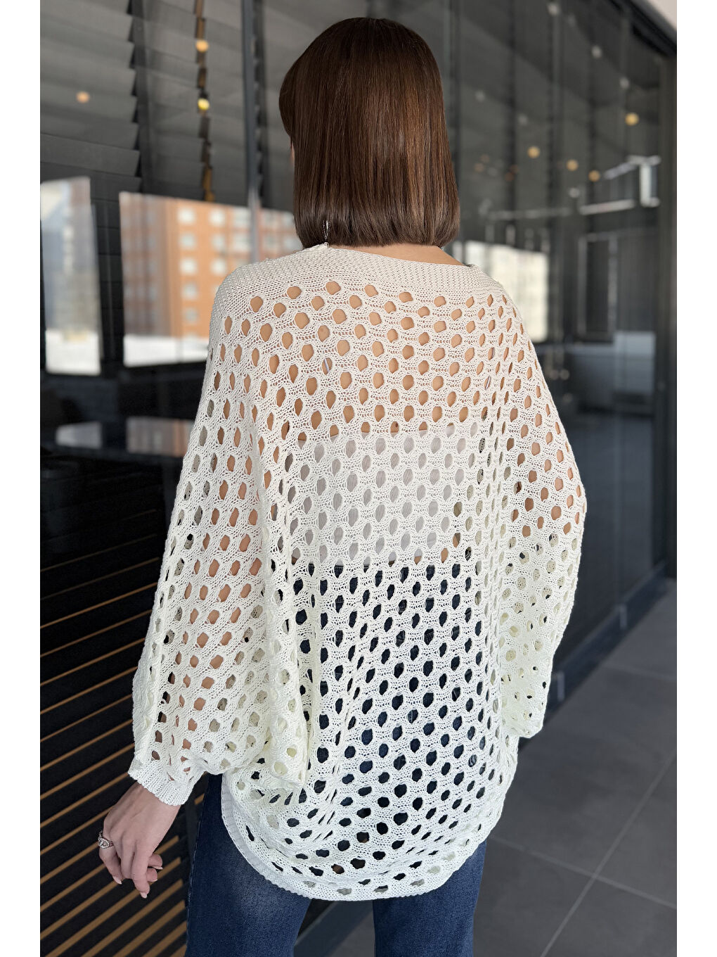 Ekru Ajurlu Kadın Triko Bluz-2