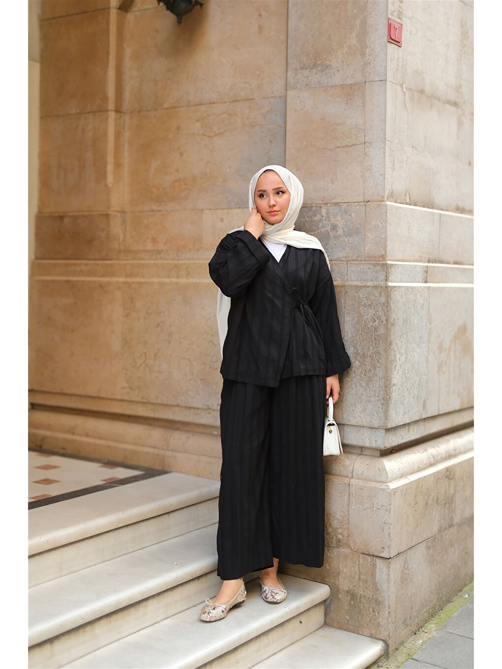 Kadın Badem Dikişli Kimono Takım Siyah