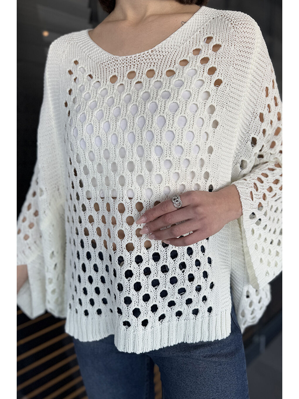 Ekru Ajurlu Kadın Triko Bluz-3