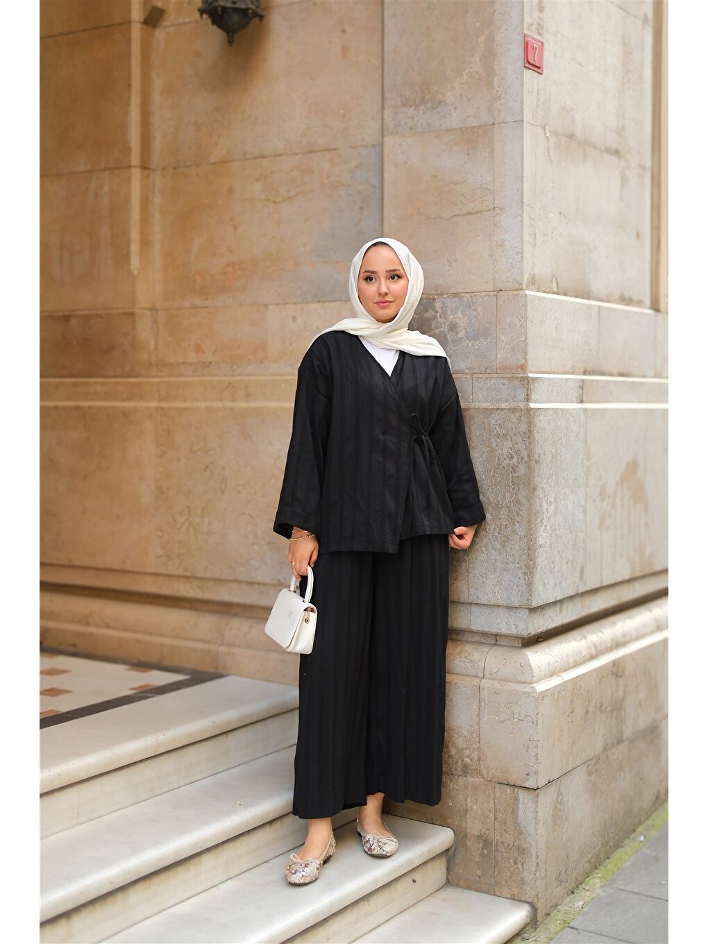 Kadın Badem Dikişli Kimono Takım Siyah-1