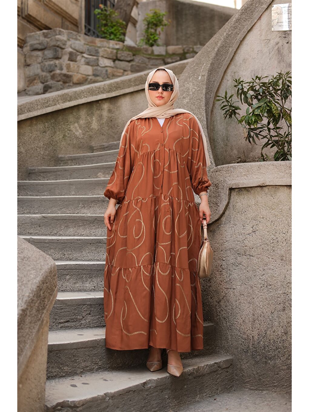 Bej Kadın Gold Dikiş Detaylı Elbise Vizon