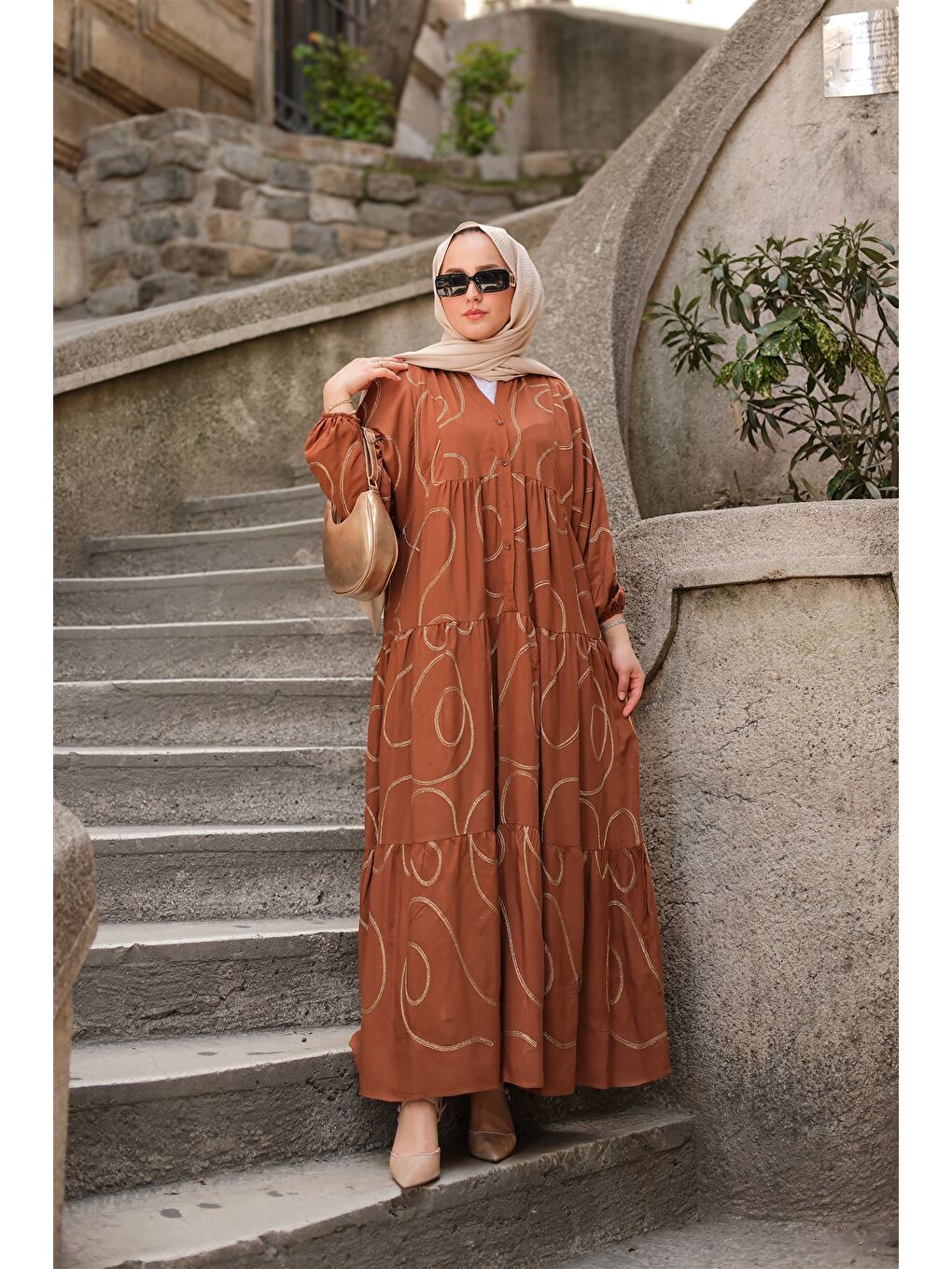 Bej Kadın Gold Dikiş Detaylı Elbise Vizon-1