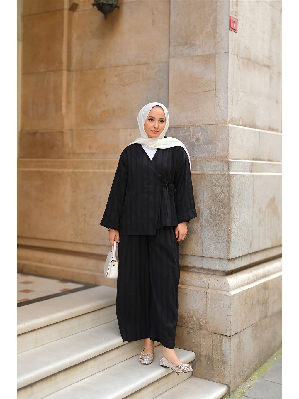 Kadın Badem Dikişli Kimono Takım Siyah-2