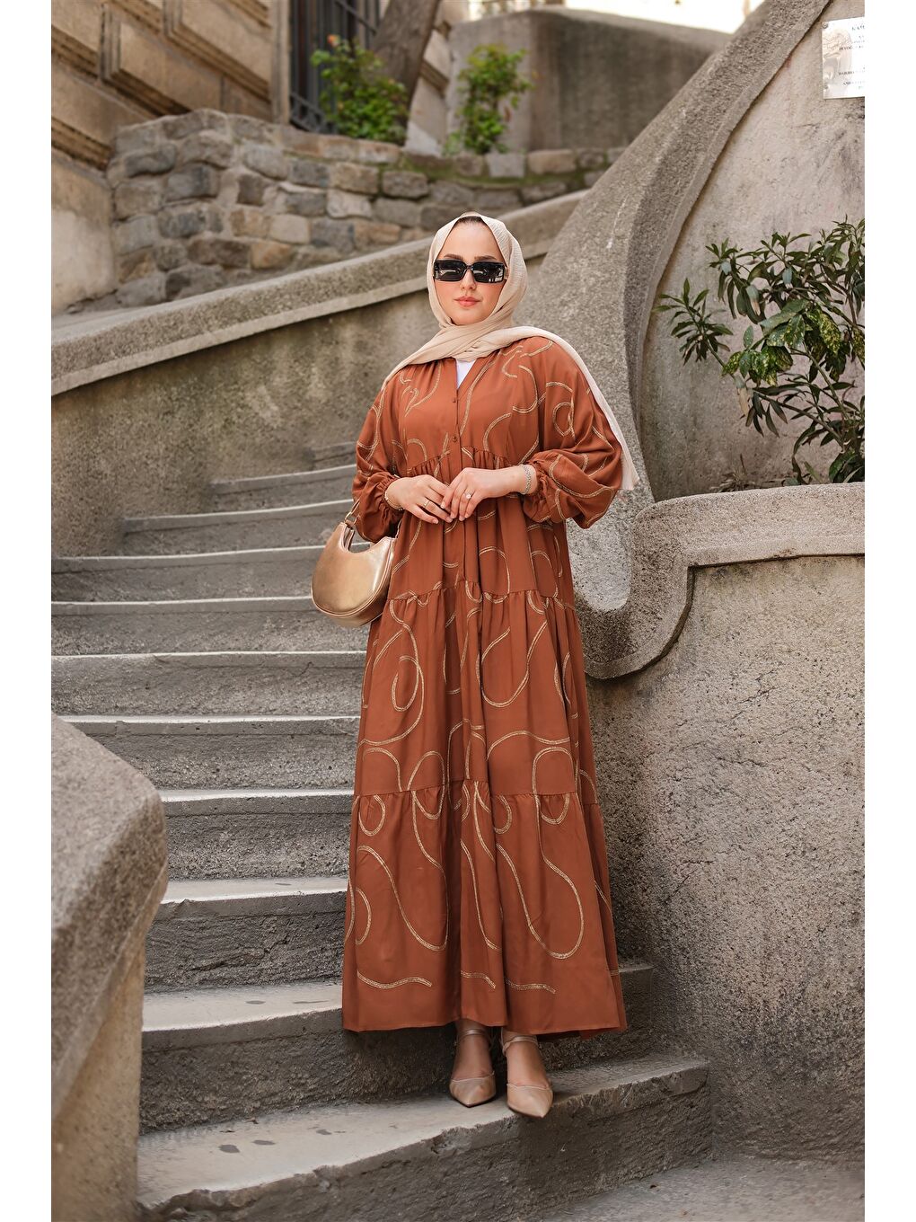 Bej Kadın Gold Dikiş Detaylı Elbise Vizon-2