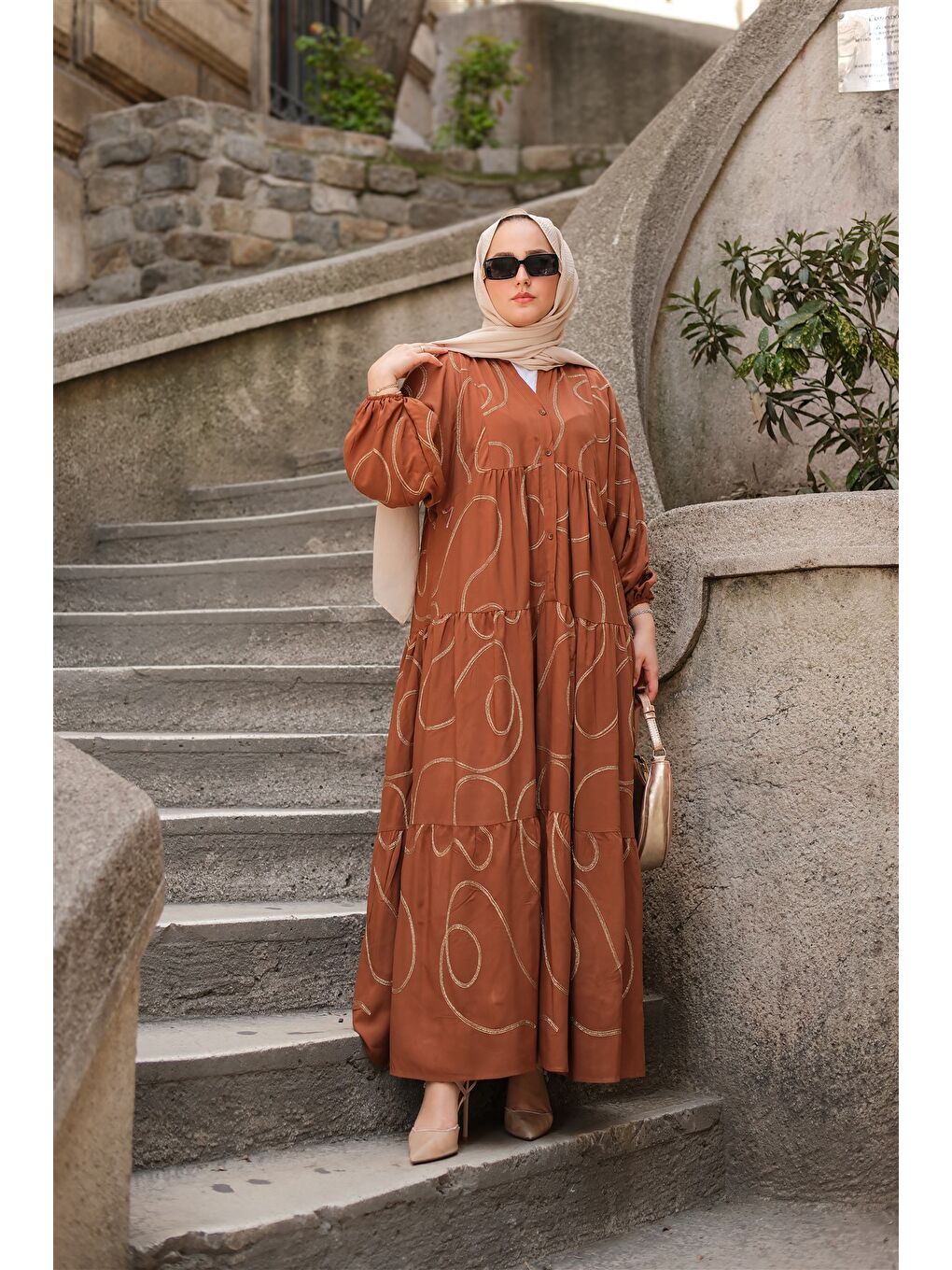 Bej Kadın Gold Dikiş Detaylı Elbise Vizon-3