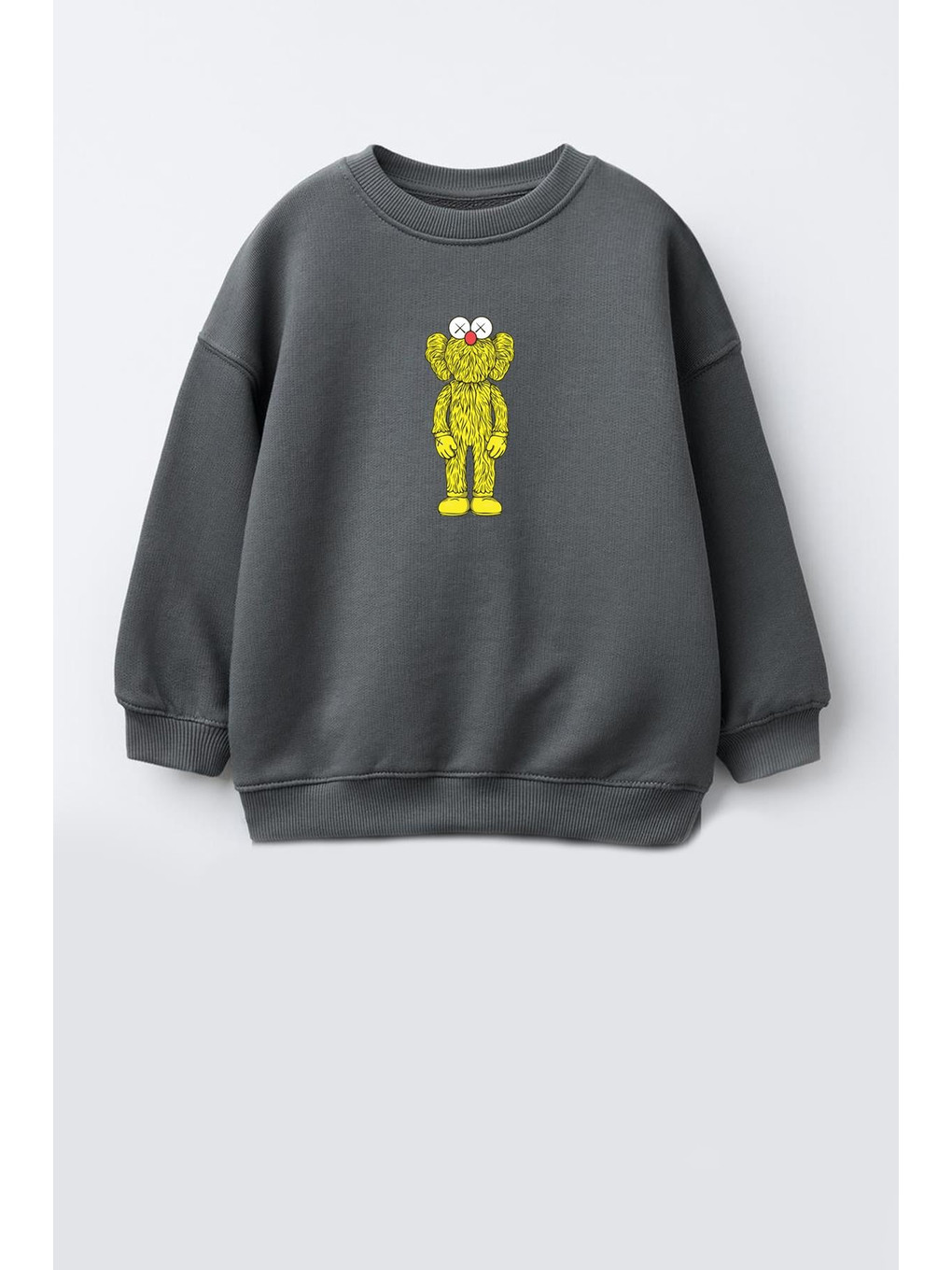 Antrasit Unisex Çocuk Kaws Baskılı 3 İplik Kumaş Pamuklu Sweatshirt