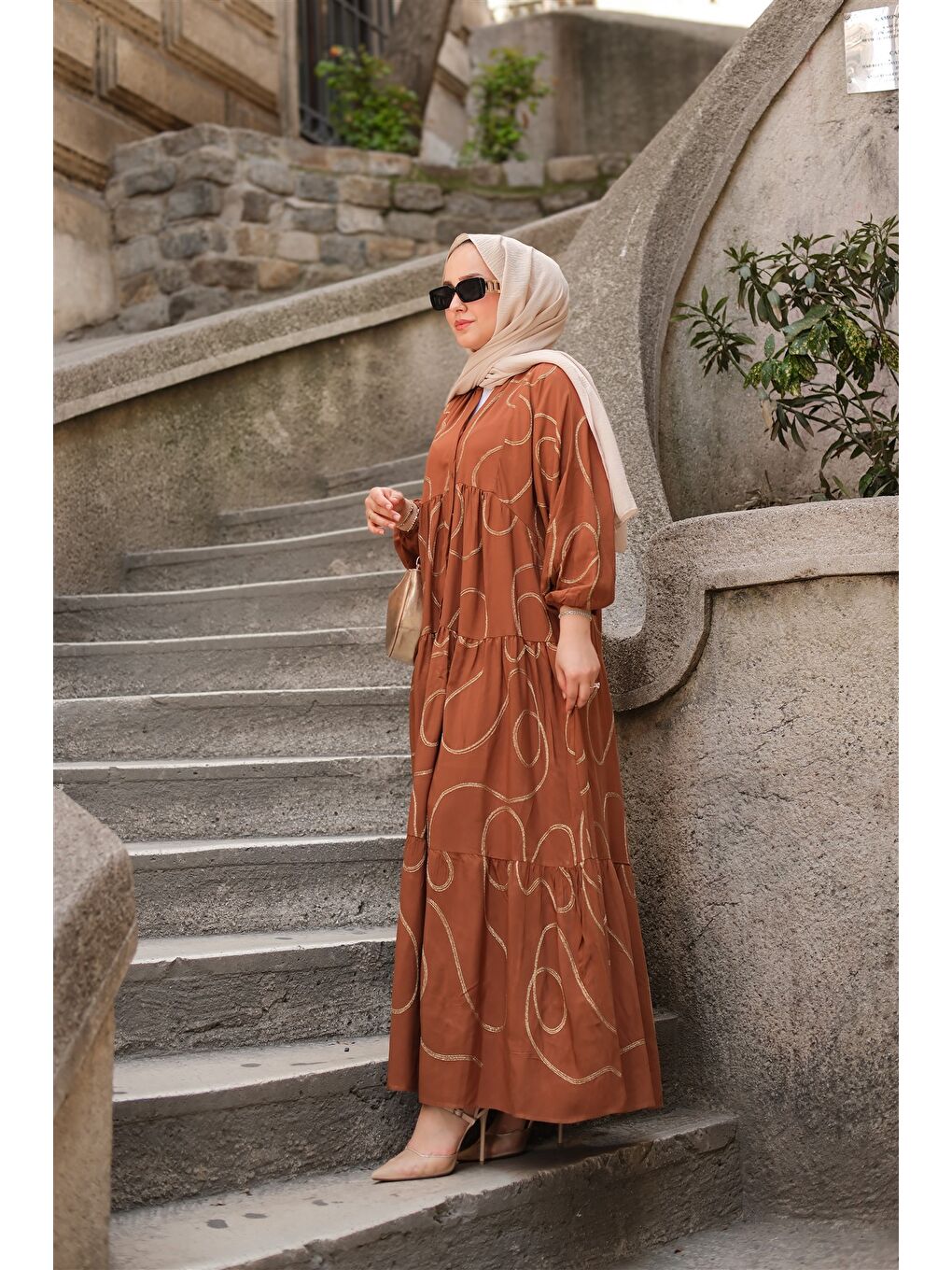 Bej Kadın Gold Dikiş Detaylı Elbise Vizon-4