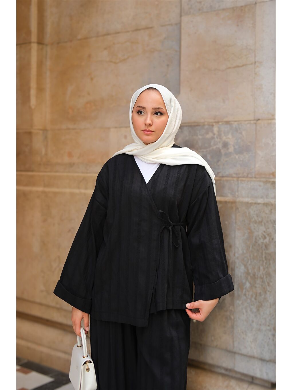 Kadın Badem Dikişli Kimono Takım Siyah-4