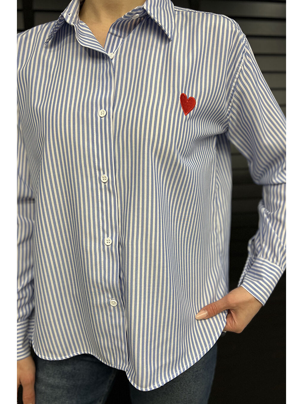 Mavi Kalp Nakışlı Çizgili Kadın Gömlek-3