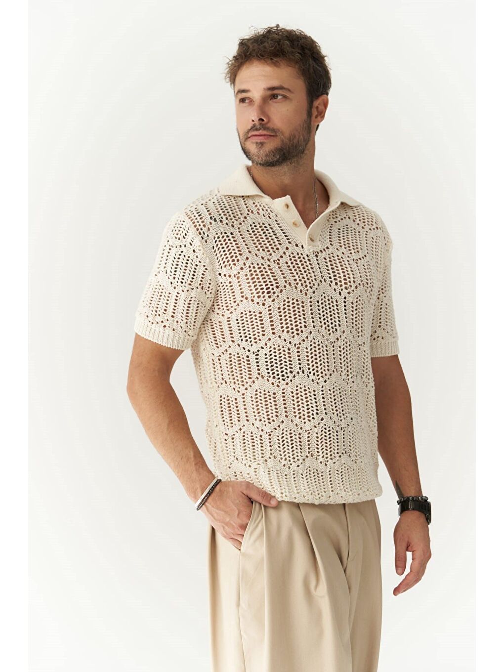 Leonard Erkek Düğme Detay Ekru Triko T-Shirt