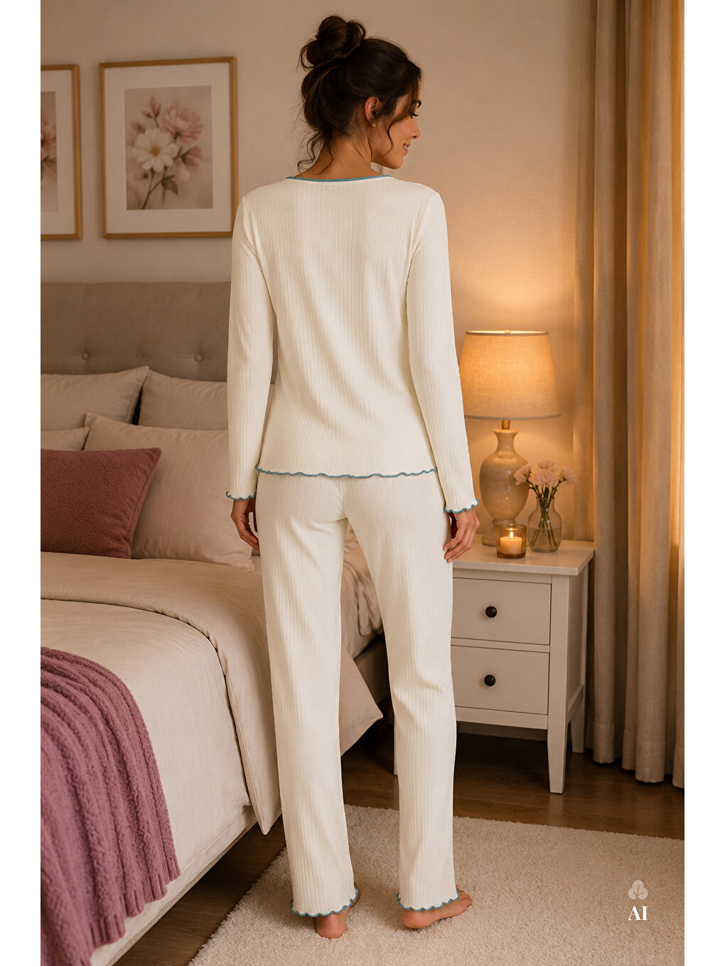 Mavi Kadın Soft Touch Fitilli Uzun Kollu Pijama Takımı-1