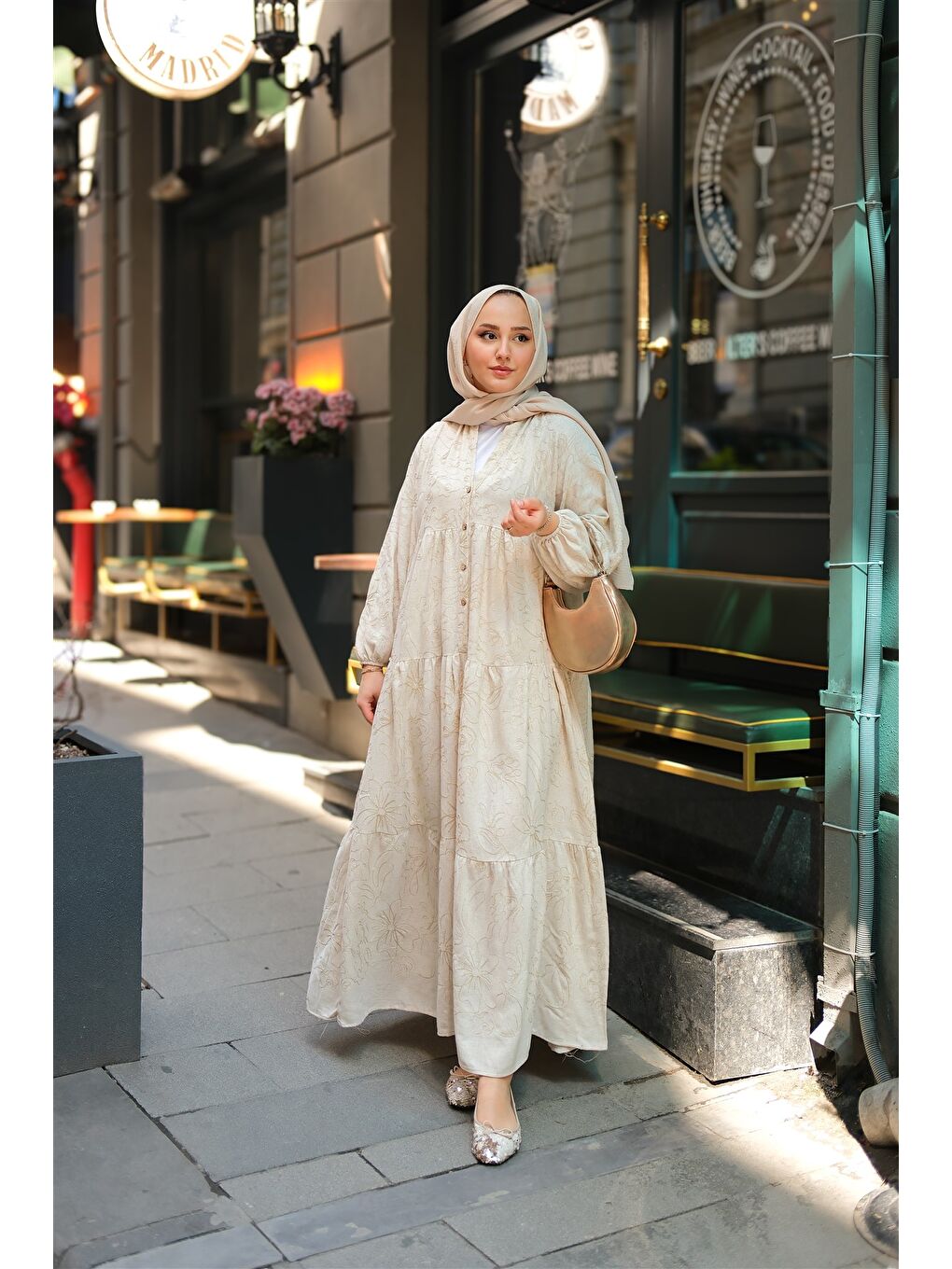 Ekru Kadın Tyess Desenli Elbise Krem-1