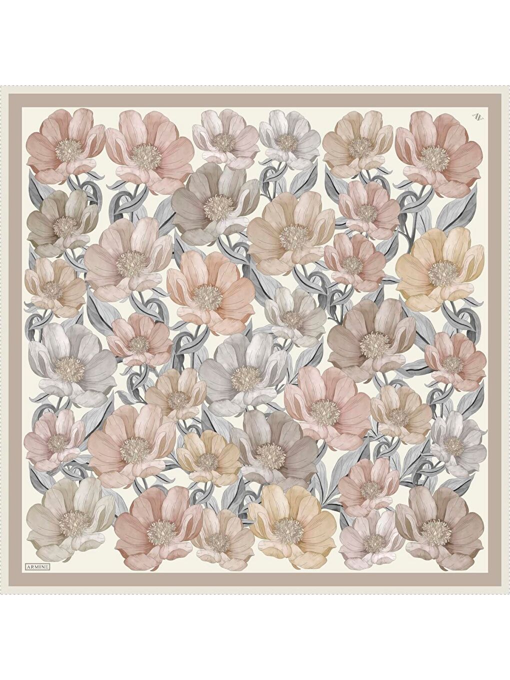 Bej Çiçek Desenli Saf İpek Twill Eşarp 9403D 81-3