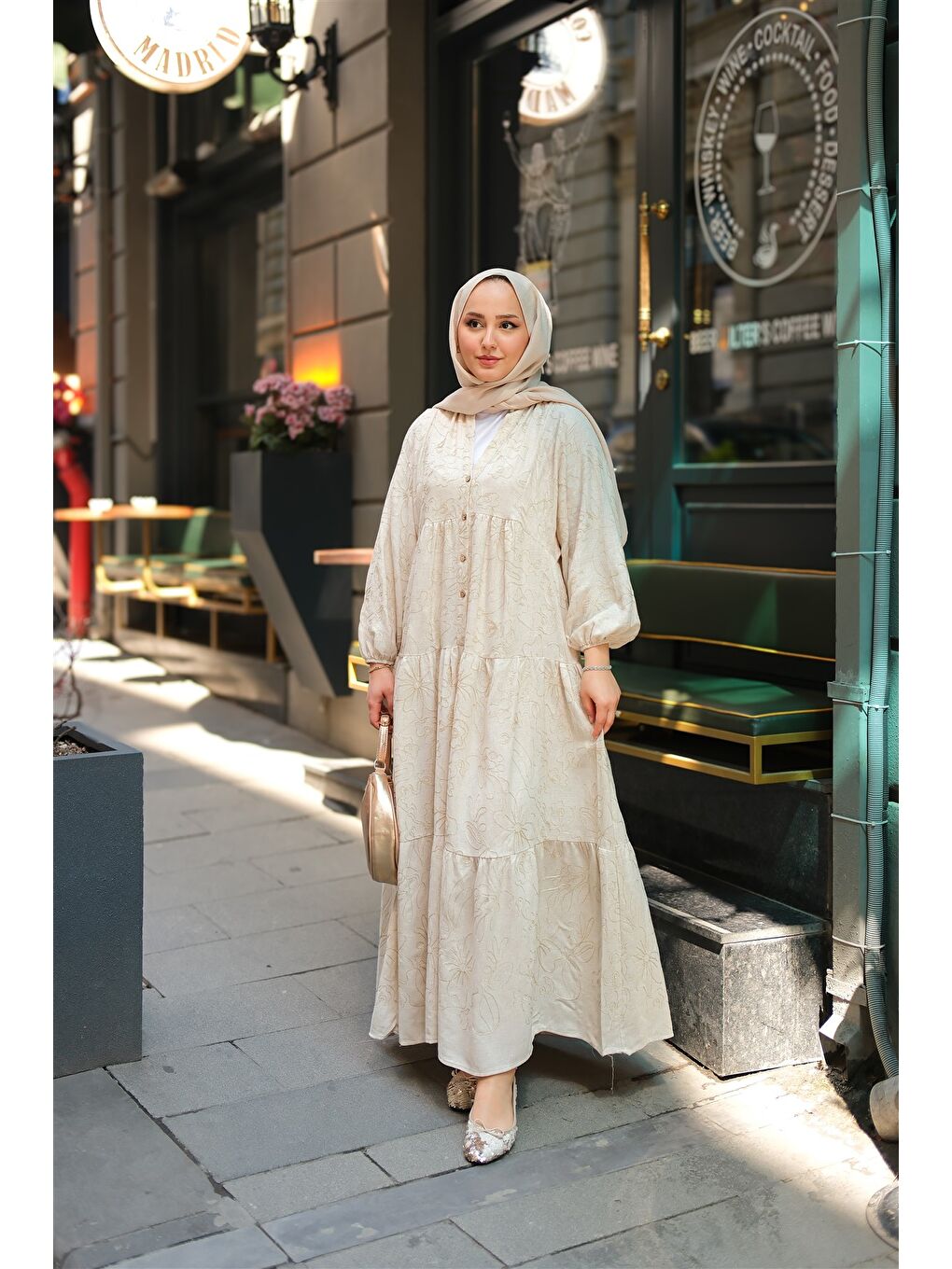 Ekru Kadın Tyess Desenli Elbise Krem-2