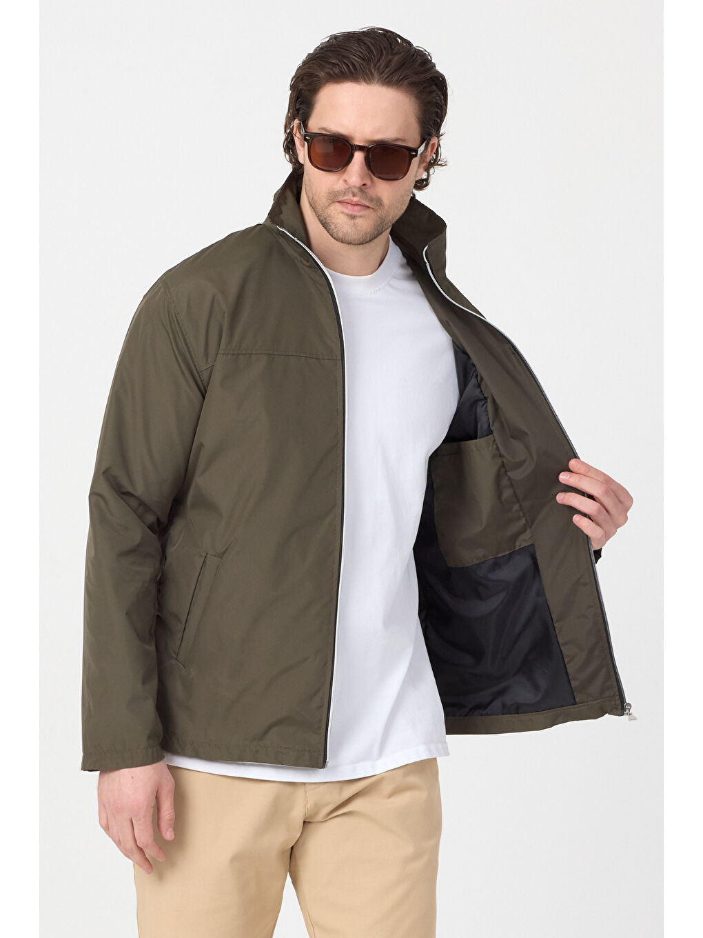 Erkek Haki Su Geçirmez Baharlık Kol Fermuar Detaylı Ceket-1