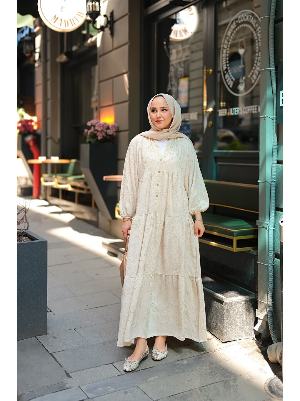 Ekru Kadın Tyess Desenli Elbise Krem-3