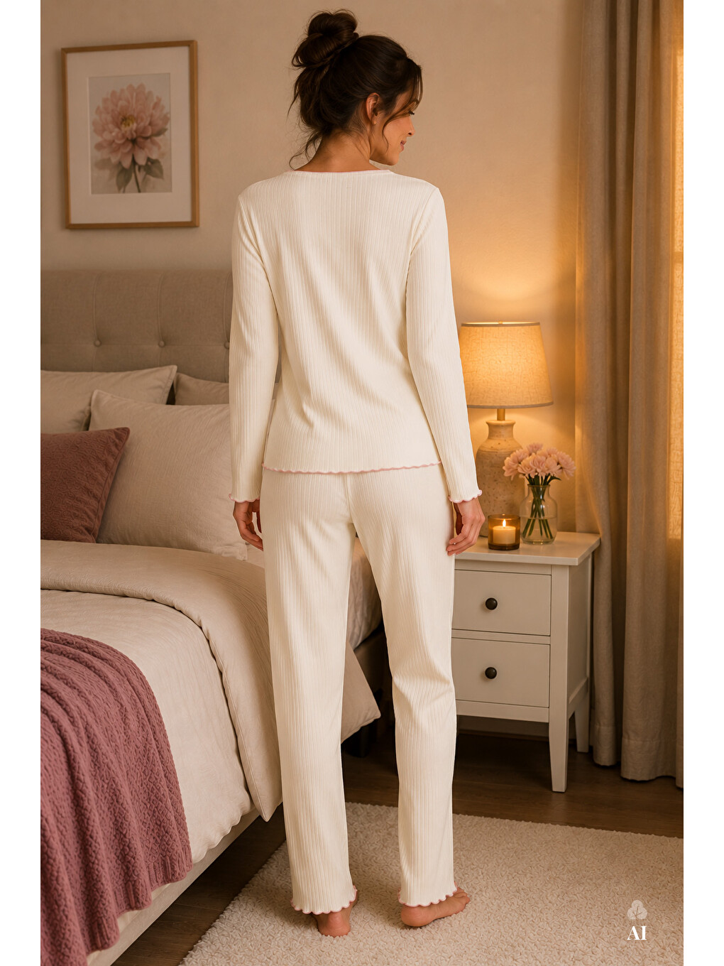 Ekru Kadın Soft Touch Fitilli Uzun Kollu Pijama Takımı-1