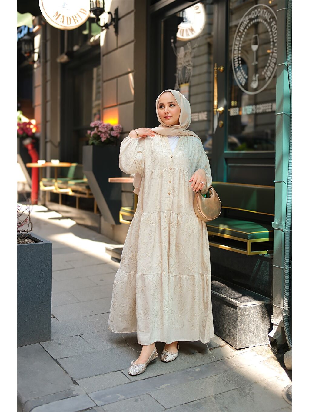 Ekru Kadın Tyess Desenli Elbise Krem-4