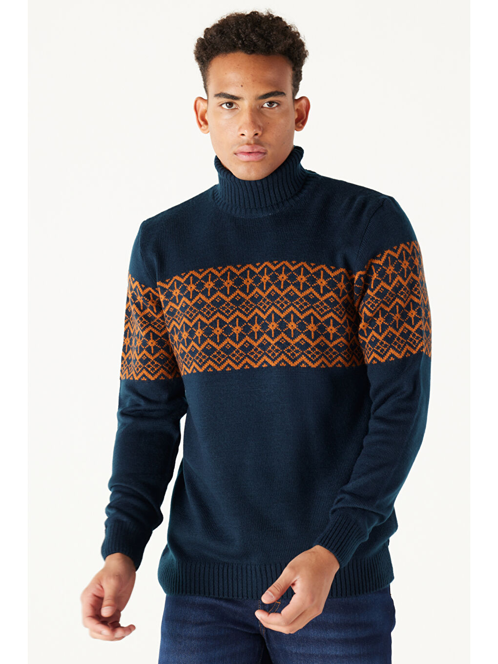 Erkek Lacivert-Kiremit Slim Fit  Normal Kesim Balıkçı Yaka Zikzak Desenli Triko Kazak