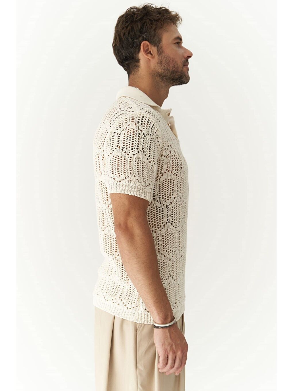 Leonard Erkek Düğme Detay Ekru Triko T-Shirt-2