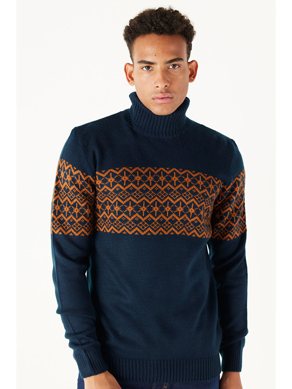 Erkek Lacivert-Kiremit Slim Fit  Normal Kesim Balıkçı Yaka Zikzak Desenli Triko Kazak-1