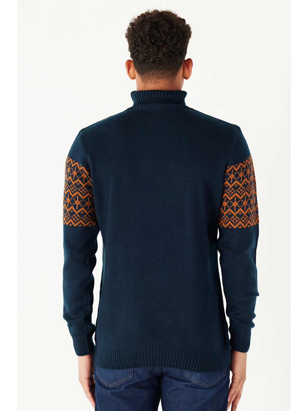 Erkek Lacivert-Kiremit Slim Fit  Normal Kesim Balıkçı Yaka Zikzak Desenli Triko Kazak-2