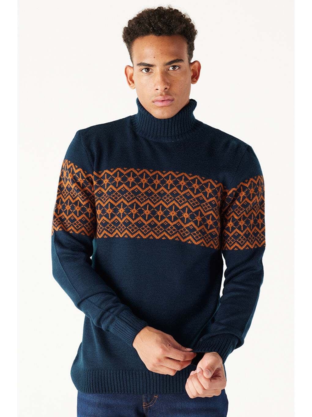 Erkek Lacivert-Kiremit Slim Fit  Normal Kesim Balıkçı Yaka Zikzak Desenli Triko Kazak-3