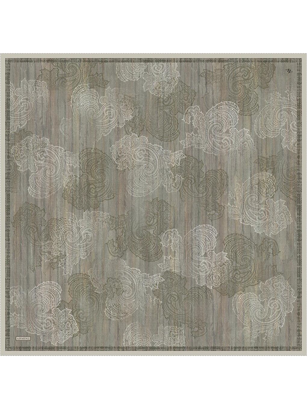 Haki Klasik Desenli Saf İpek Twill Eşarp 9428D 32-4