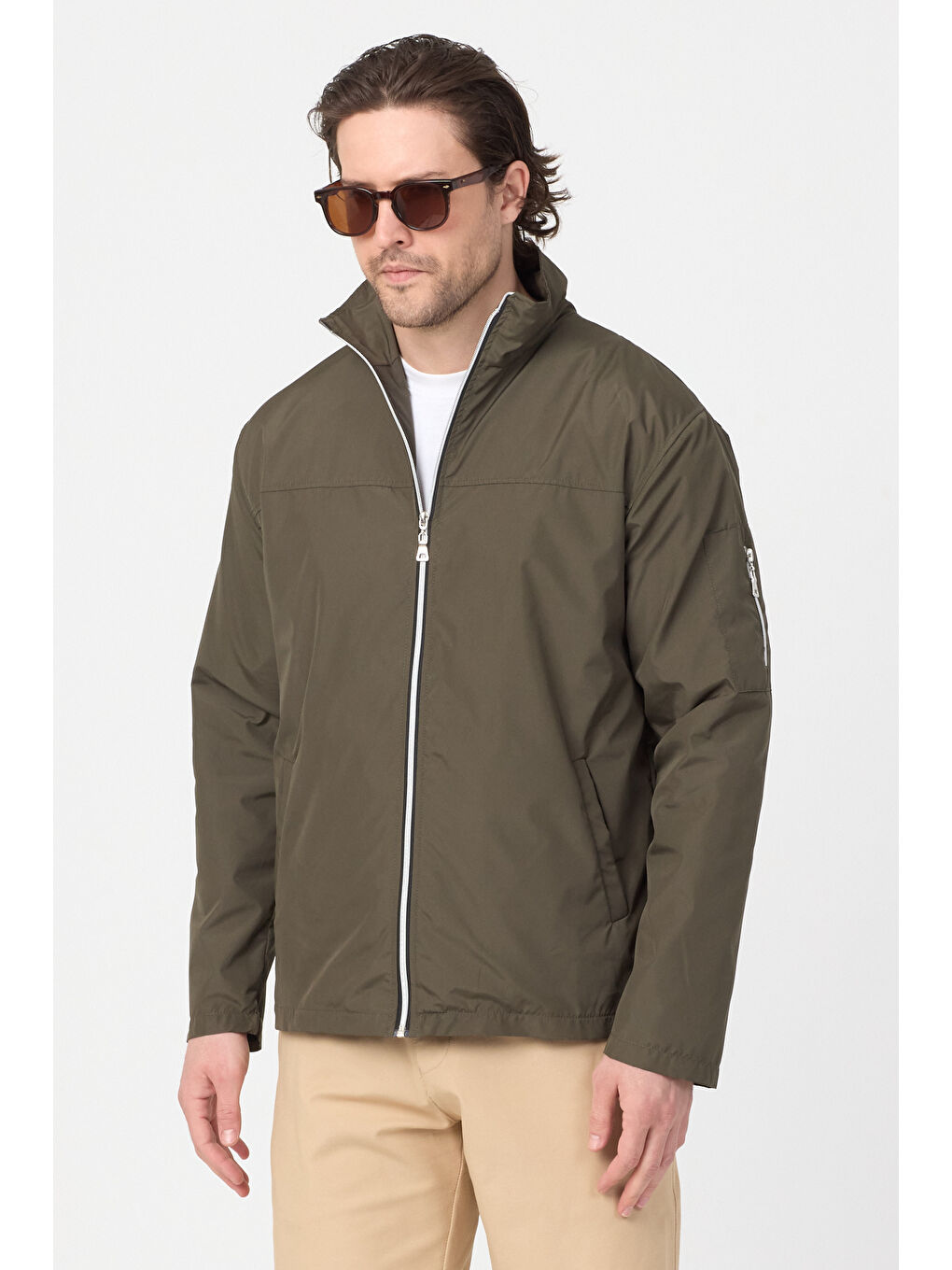 Erkek Haki Su Geçirmez Baharlık Kol Fermuar Detaylı Ceket-2