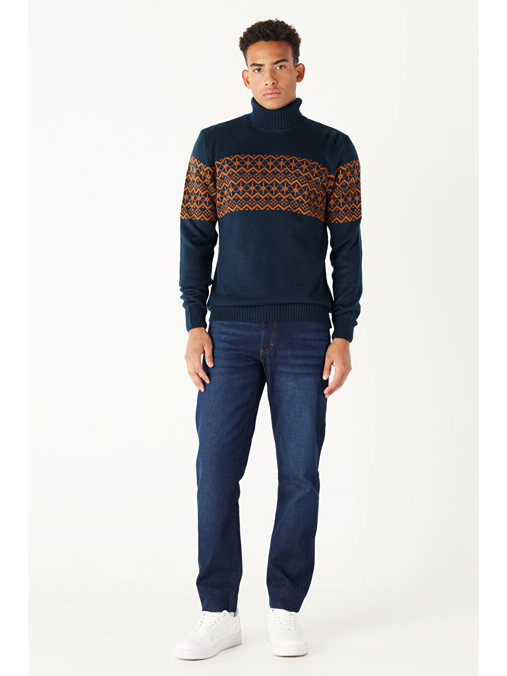 Erkek Lacivert-Kiremit Slim Fit  Normal Kesim Balıkçı Yaka Zikzak Desenli Triko Kazak-4