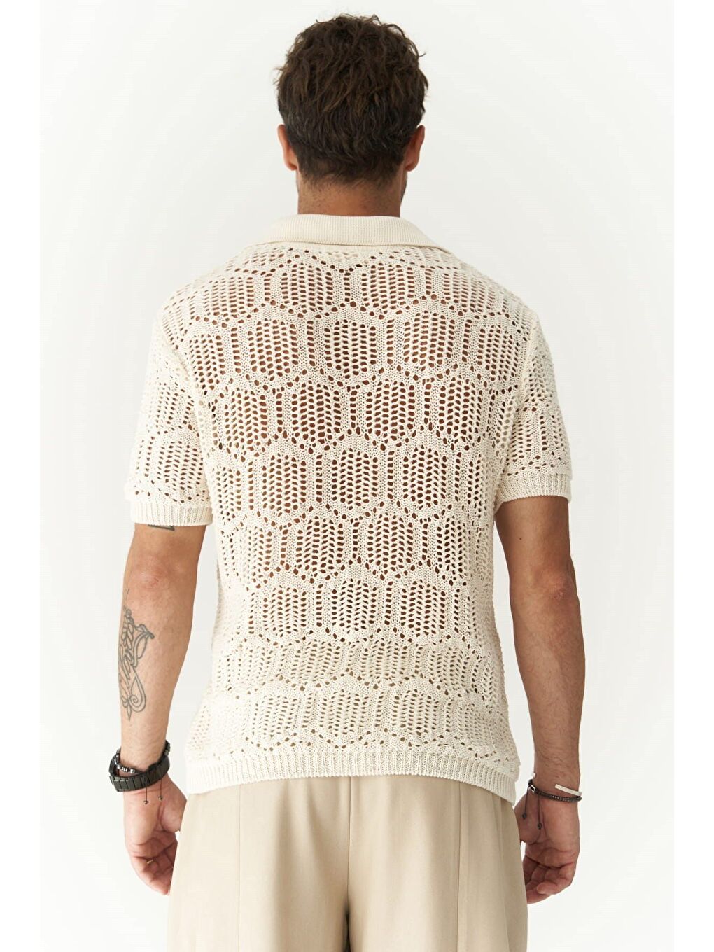 Leonard Erkek Düğme Detay Ekru Triko T-Shirt-3