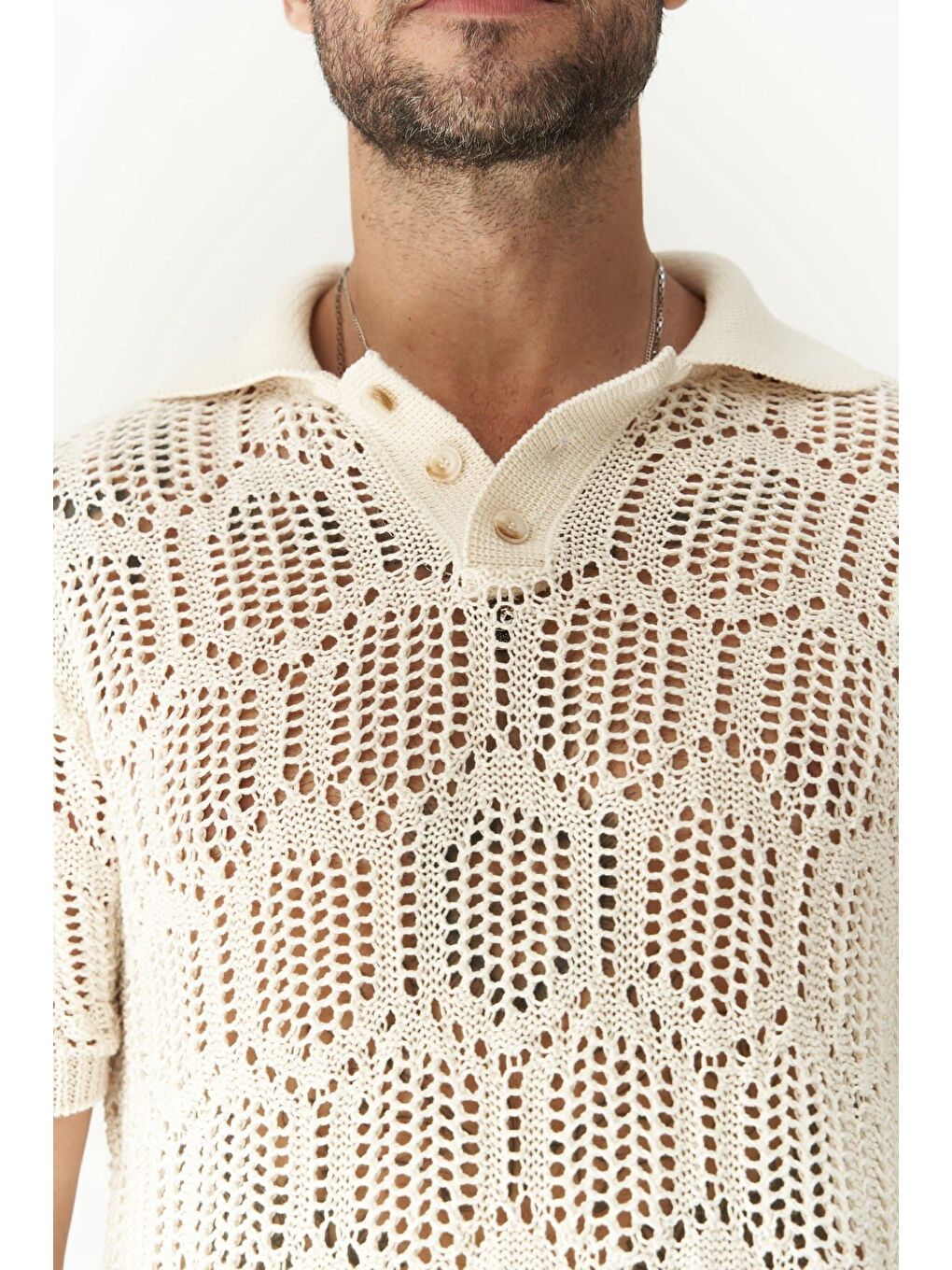 Leonard Erkek Düğme Detay Ekru Triko T-Shirt-4