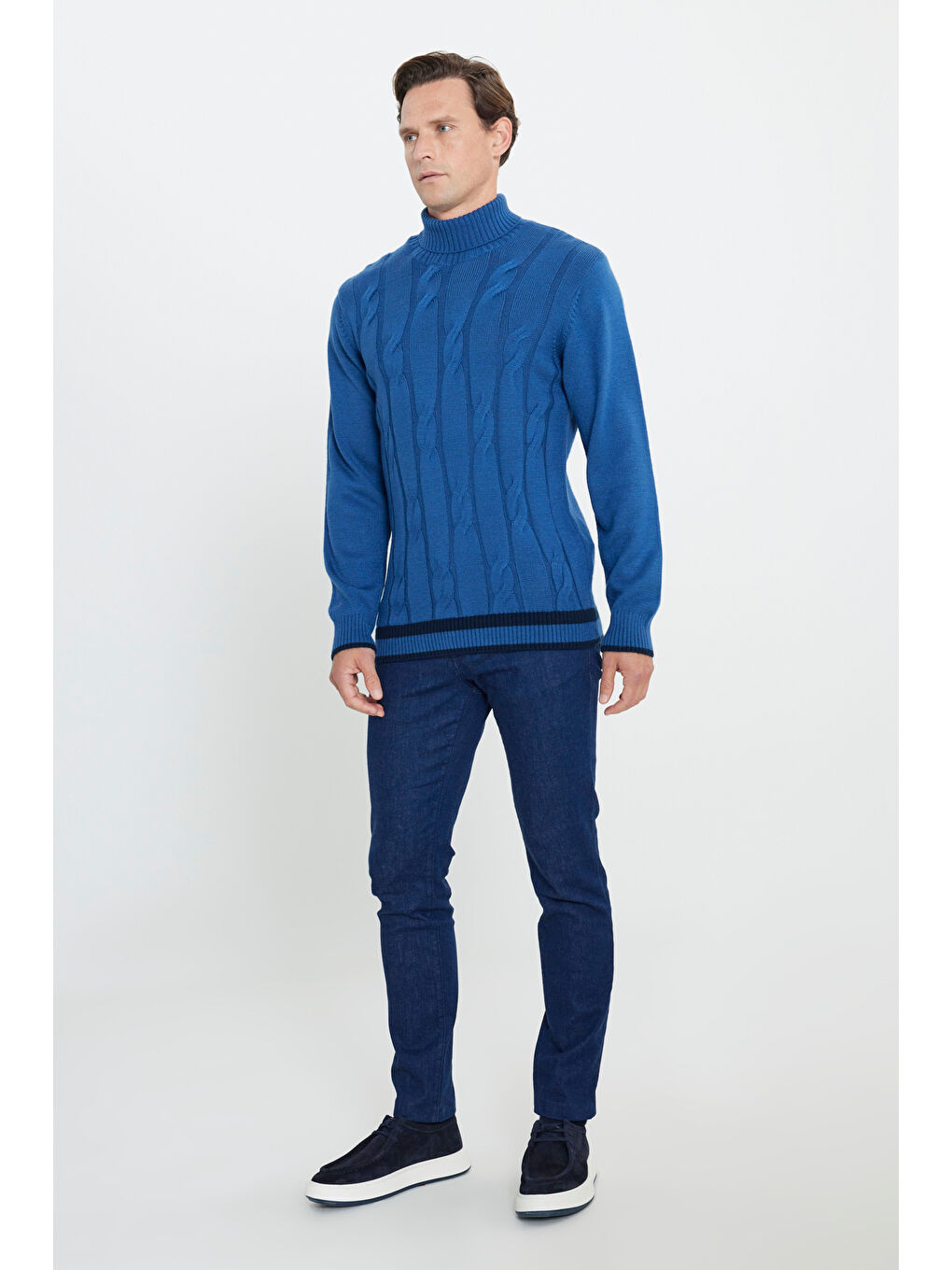 Erkek Havacı Mavi Standart Fit Normal Kesim Tam Balıkçı Yaka Jakarlı Triko-1