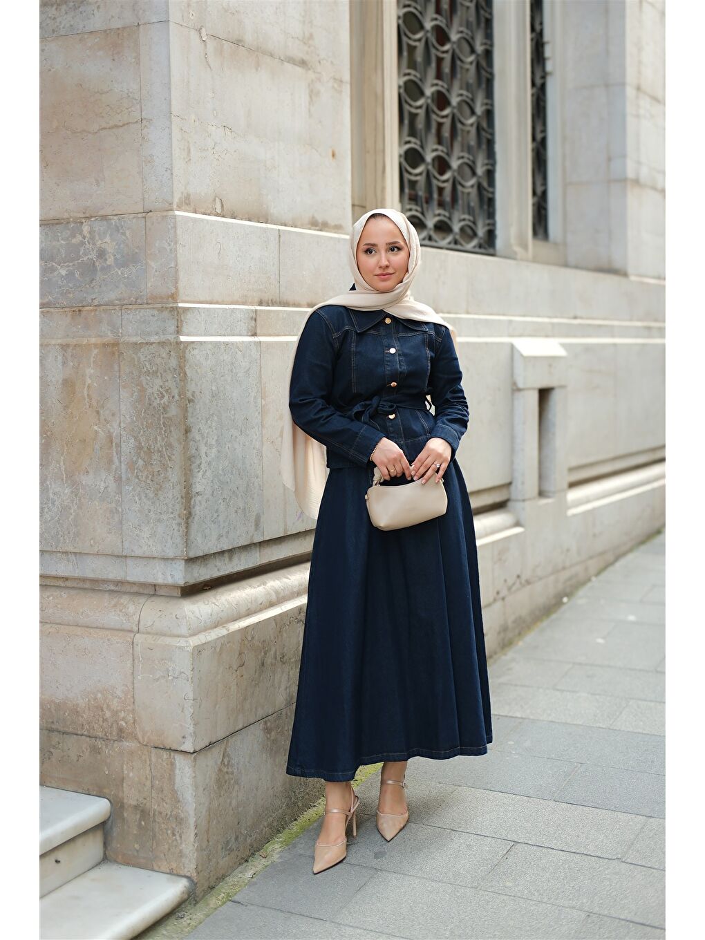 Kadın Gold Düğme Detaylı Demim Takım Koyu Mavi-1