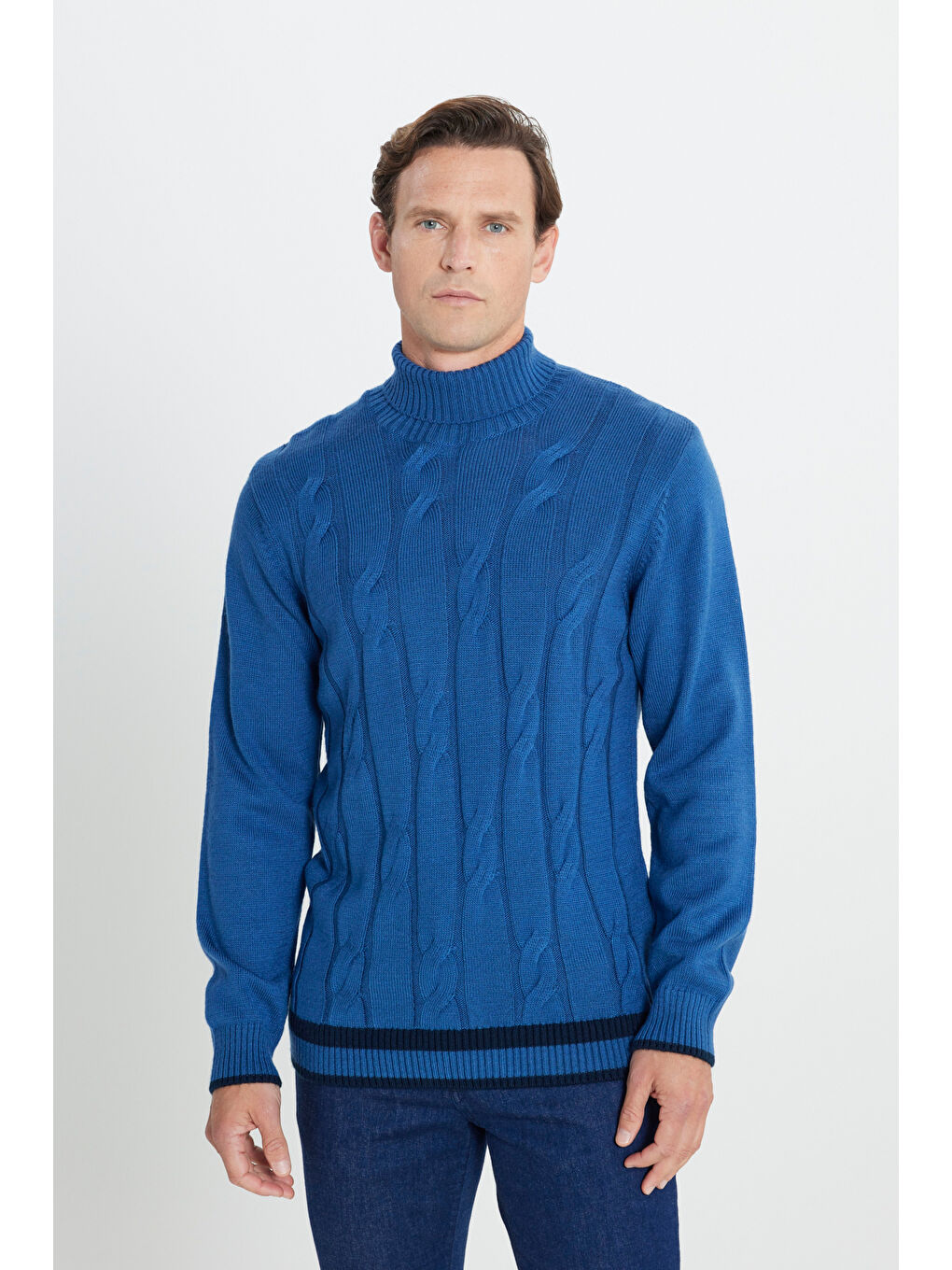 Erkek Havacı Mavi Standart Fit Normal Kesim Tam Balıkçı Yaka Jakarlı Triko-2