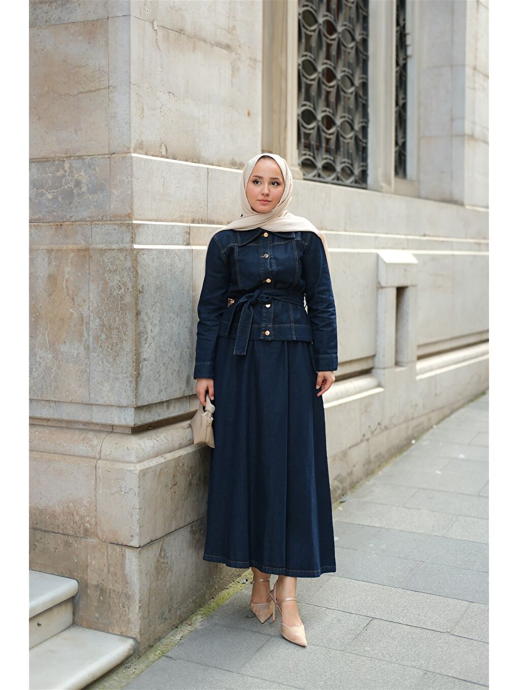 Kadın Gold Düğme Detaylı Demim Takım Koyu Mavi-2